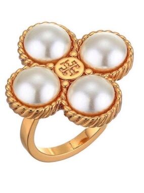 Tory Burch Gold Pearl Four-Leaf Rope Clover Ring, Size 7